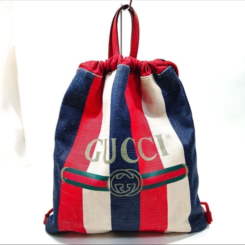 Gucci Red White Blue Striped Canvas Backpack Bold Gucci Branding Auth Knapsack